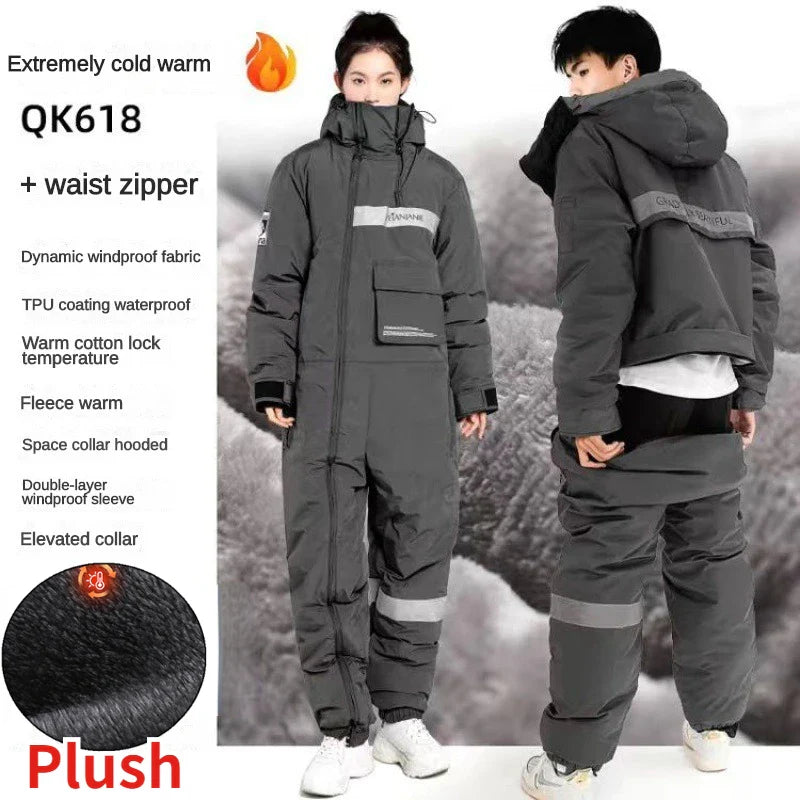 Winter Waterproof Windproof Motorcycle & Ski All-in-One Suit — Thick Plush Cold-Proof Riding Jacket