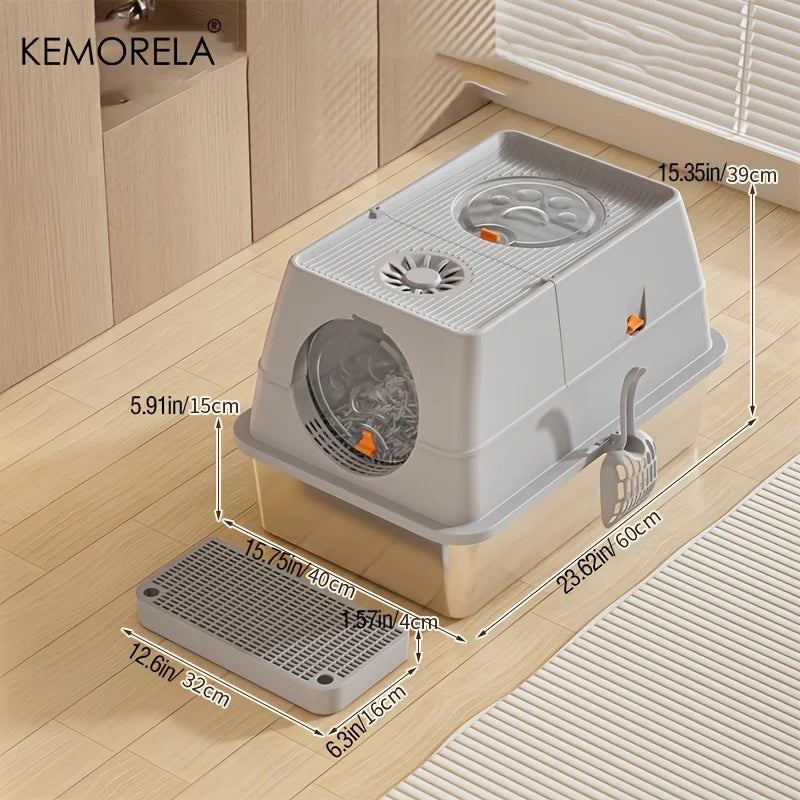 KEMORELA XL Stainless Steel Cat Litter Box – Extra Large Enclosed Litter Box with High Sides & Removable Scoop for Big Cats