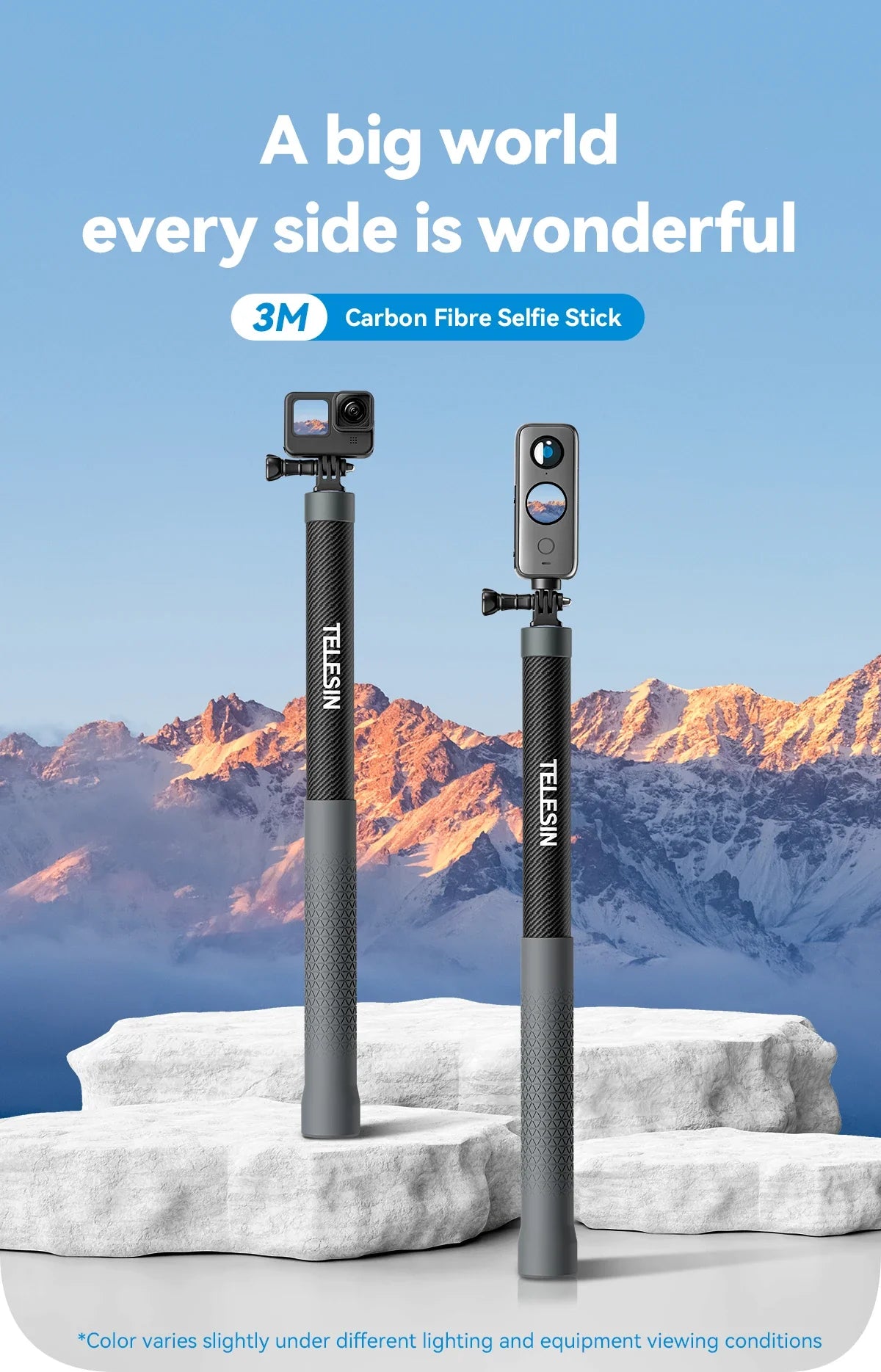 TELESIN 1.2M/3M Carbon Fiber Selfie Stick Monopod - Extendable with 1/4'' Screw for GoPro, Insta360, Osmo Action, DJI Action Camera