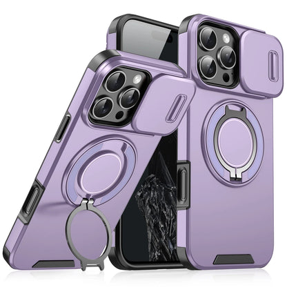 Heavy Duty Rugged Magnetic Ring Stand Case for iPhone 11–16 Pro Max Plus with Slide Camera Protection & MagSafe Compatible Cover