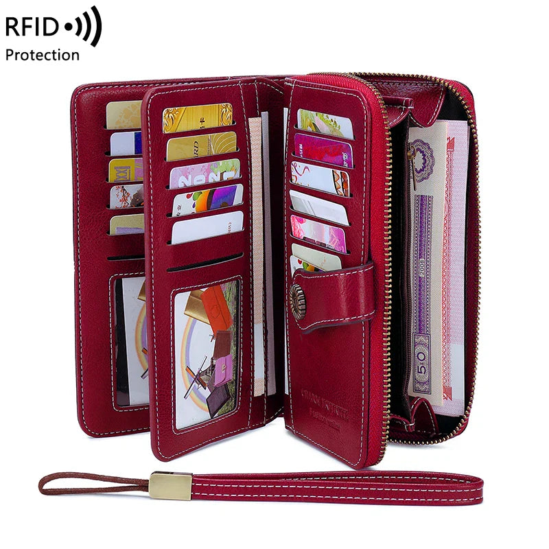 RFID Anti-Theft Retro Large Capacity Women's Wallet – Multi-Card Zipper Wallet with Wrist Strap