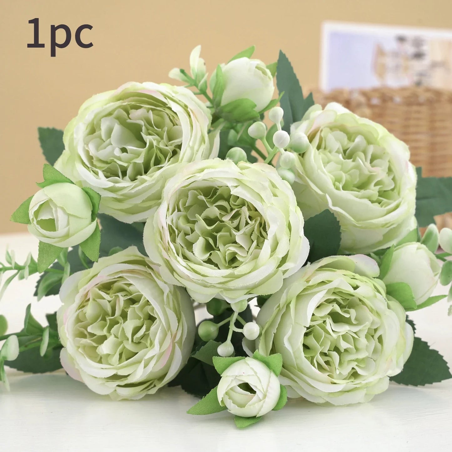 30cm Rose Pink Peony Silk Bouquet Artificial Flower, 5 Big Heads & 4 Small Buds for Wedding & Home Decor
