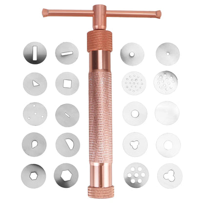 Cake Sculpture Clay Tool Gun – Rose Gold Fondant Extruder with 20 Tips for Sugar Paste Craft