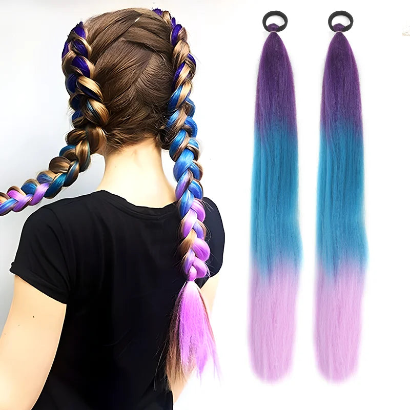 26" Synthetic Ponytail Extension - Long Straight Ombre Pink Purple Blue Hair with Elastic Tie
