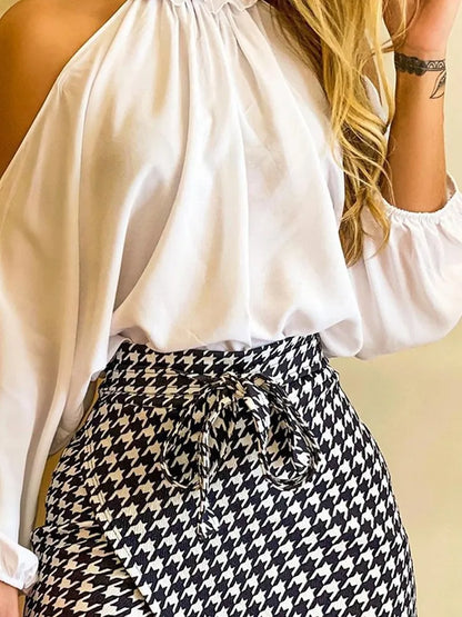Women’s Elegant Casual Hakama Set – Ruffle Neck Hollow-Out Long Sleeve Top & Printed Shorts Culottes, Spring & Summer Outfit
