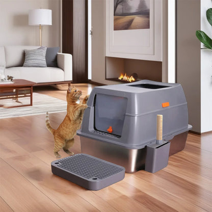 Extra Large Enclosed Stainless Steel Cat Litter Box with Lid – High Wall Metal Litter Pan for Big Cats