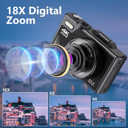 4K Camera for Photography – 18X Digital Zoom, 64MP Vlogging Camcorder, 3'' Flip Screen, WIFI Selfie Webcam for YouTube