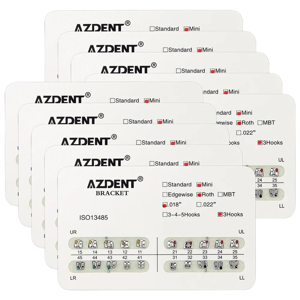 AZDENT 10 Packs Dental Brackets – Orthodontic Metal Mini Standard Roth MBT Slot 0.022/0.018 with Hooks, 20 Pcs per Pack