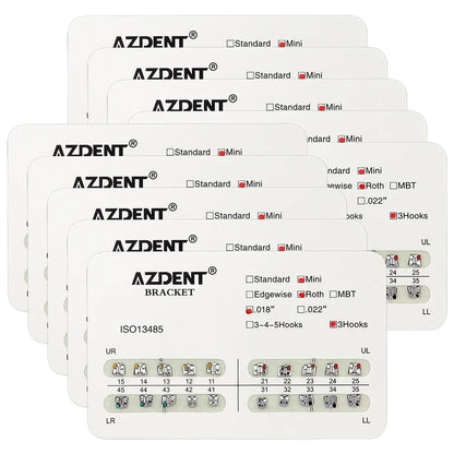 AZDENT 10 Packs Dental Brackets – Orthodontic Metal Mini Standard Roth MBT Slot 0.022/0.018 with Hooks, 20 Pcs per Pack