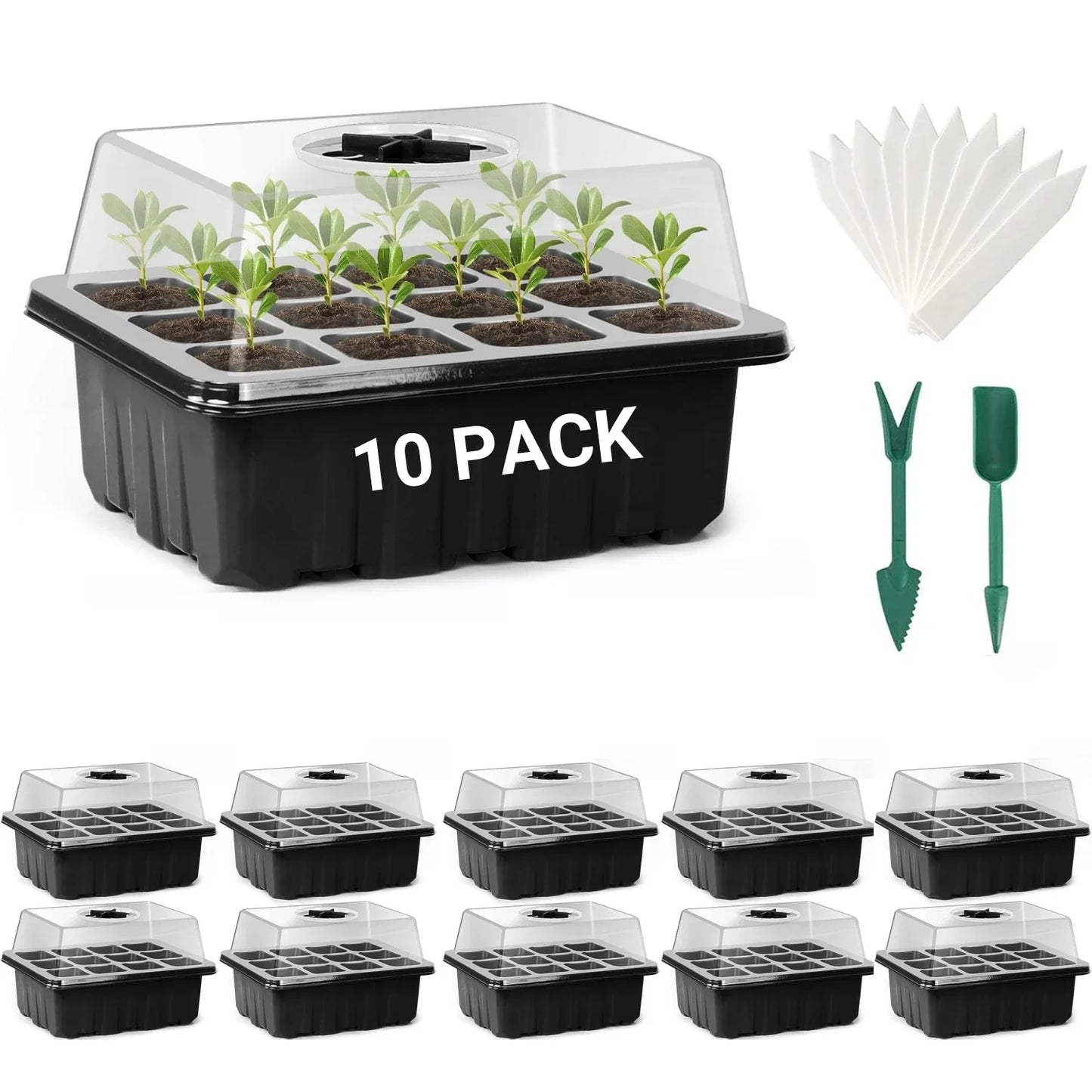 10-Pack Seed Starter Trays with Vent Holes – 12-Grid Mini Greenhouse Planting Kit for Seed Growing & Cultivation