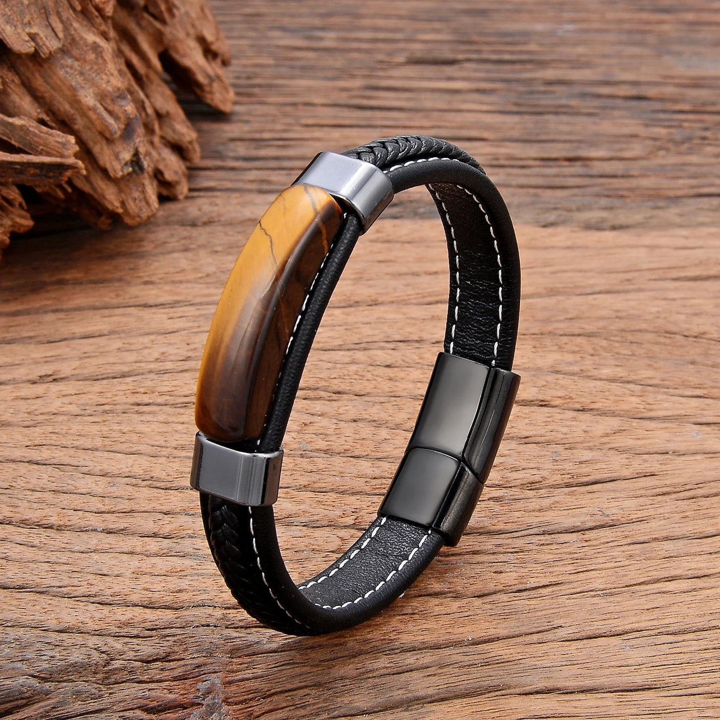 Natural Hematite & Pink Tiger Eye Stone Bracelet – Handmade Braided Leather Men’s Jewelry Bangle 2022