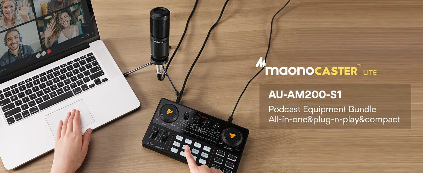 Maono AM200-S1 Microphone & Sound Card Set – MaonoCaster Audio Interface with Condenser Mic for Live Streaming, Recording on PC & Phone