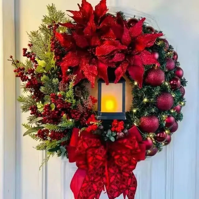 40cm Christmas Wreath with Lantern – Front Door Garland with Large Bow, Seasonal Holiday Ornament for Wall & Door Decor