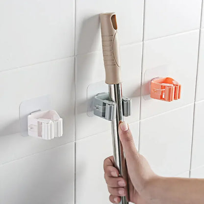 Punch-Free Mop Holder Wall-Mounted Broom Hanger with Self-Adhesive Hooks - Bathroom Shelf for Home Accessories and Bathroom Storage