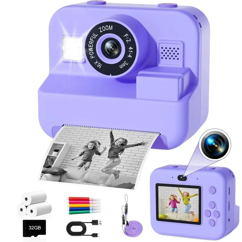 Children's Mini Digital Camera – Thermal Printing, Image Stabilization & 32GB Card Included