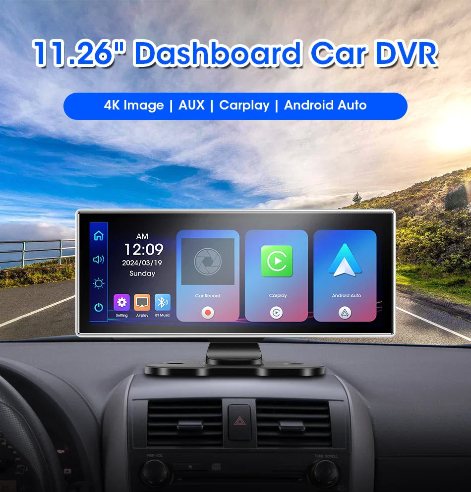 11.26" 4K Car DVR Dash Cam — Wireless CarPlay & Android Auto, Dual Lens Video Recorder with AI Screen, GPS Navigation, HD Dashboard Monitor
