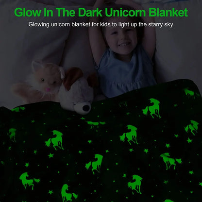 Luminous Unicorn & Dinosaur Plush Blanket – Glow-in-the-Dark Soft Flannel Throw for Boys & Girls, Christmas Gift
