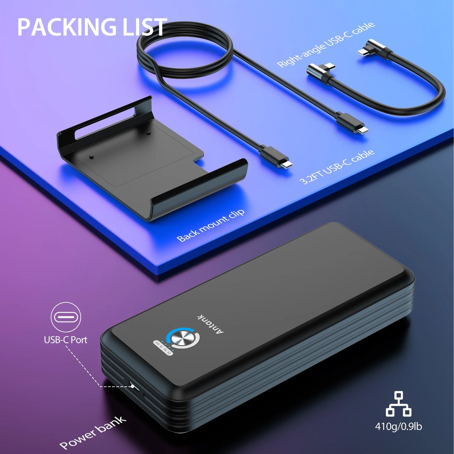 Antank Magnetic Power Bank for Steam Deck — 16,000mAh 45W PD Fast Charging Detachable Battery with Dual USB Cables