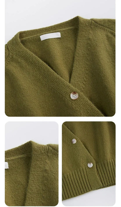 Korean Women's Autumn Winter Knitted Cardigan – Diagonal V-Neck Long Sleeve Single-Breasted Sweater