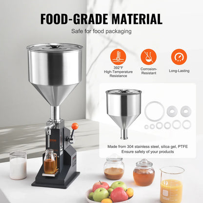VEVOR A03 Manual Liquid Filling Machine — Adjustable 5-50ml/5-100ml Paste & Bottle Filler with Hopper for Water, Juice, Shampoo & Honey