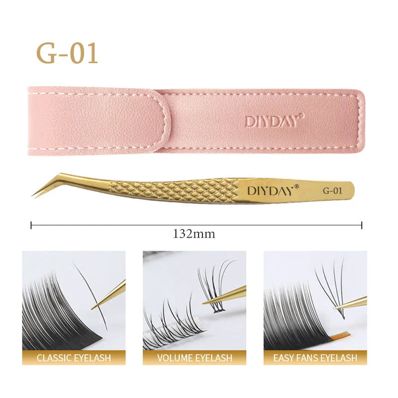 DIYDAY Anti-Slip Eyelash Tweezers — Stainless Steel Precision Fiber Tip for Eyelash Extensions & Makeup Tools