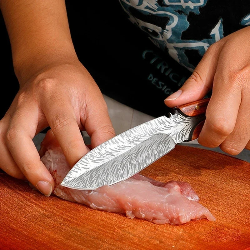 Professional Pocket Knife - Stainless Steel Boning Butcher Knife with Sheath, Feather Pattern Forged Meat Cleaver