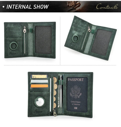 Genuine Cow Leather Passport Holder with AirTag Case – RFID Blocking Travel Wallet with Pen, Card Holder & Anti-Lost Pocket
