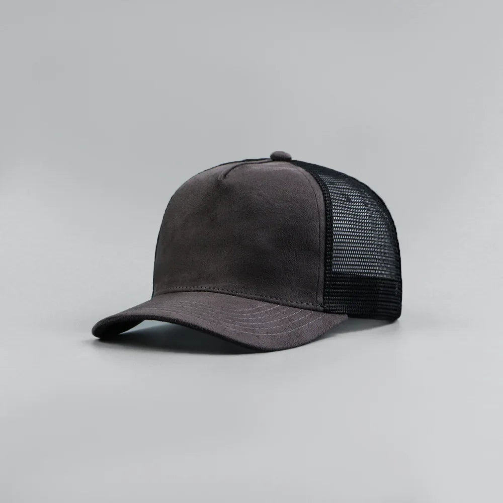 Custom Logo Suede Five Panel Cap - Leather Label Mesh Trucker Hat for Men & Women