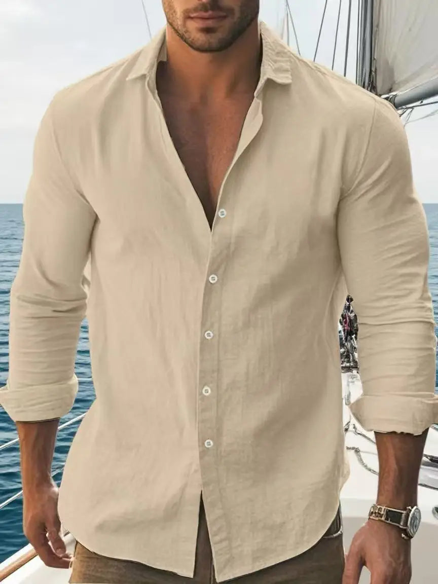 Men's Cotton Long Sleeve Shirt - Slim Fit Casual Button-Up Shirt with Roll-Up Cuffs