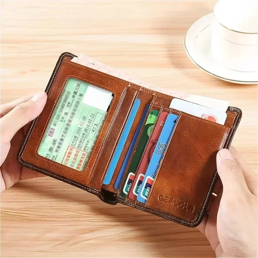 Genuine Leather Men’s Wallet – RFID Blocking Trifold, Vintage Thin ID & Credit Card Holder, Multi-Function Purse
