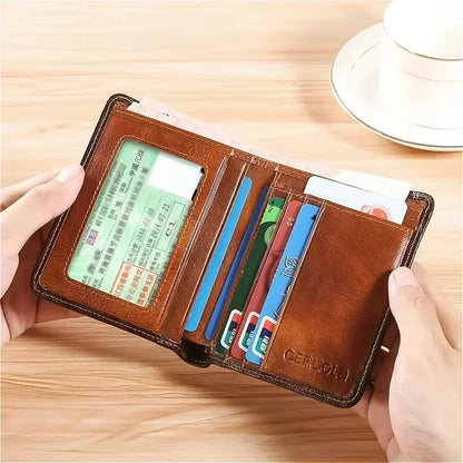 Genuine Leather Men’s Wallet – RFID Blocking Trifold, Vintage Thin ID & Credit Card Holder, Multi-Function Purse