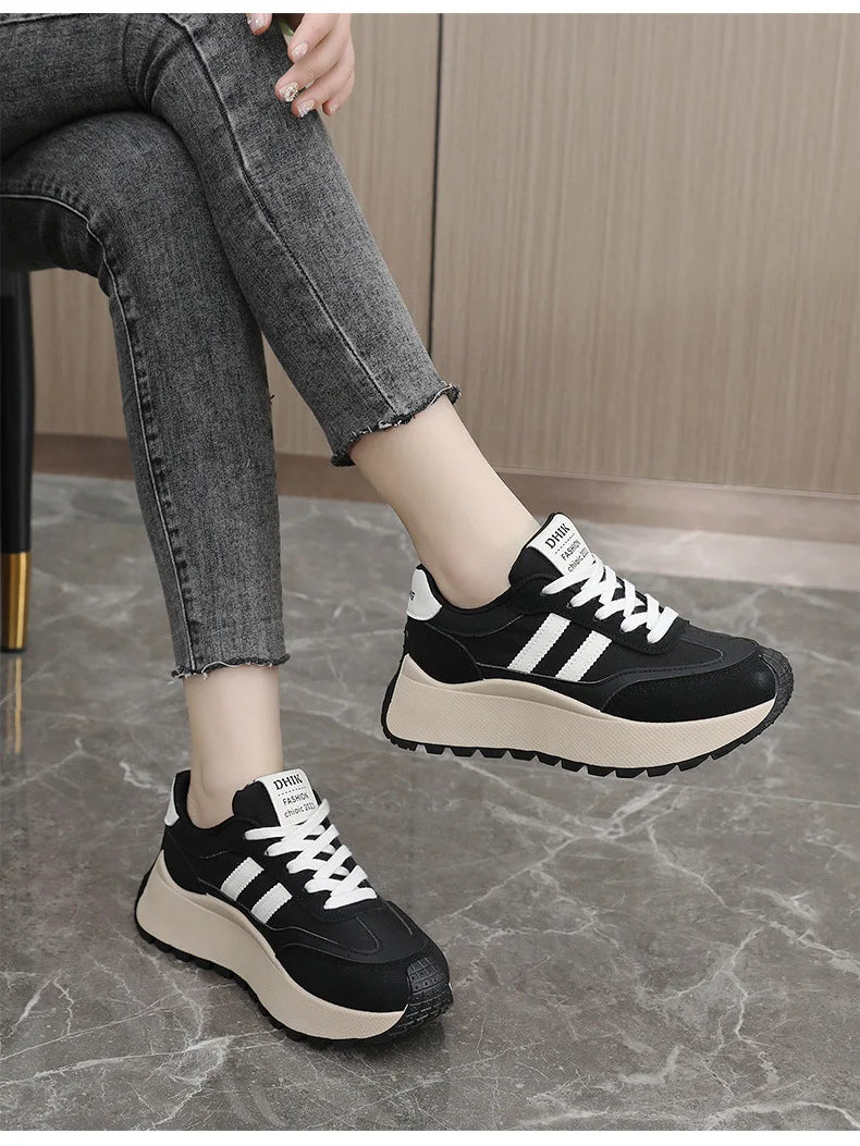 Spring Thick Bottom Women's Shoes – 2024 Summer Casual Patchwork Leather Sneakers, Vulcanized Casual Shoes for Ladies (Chaussure Femme)