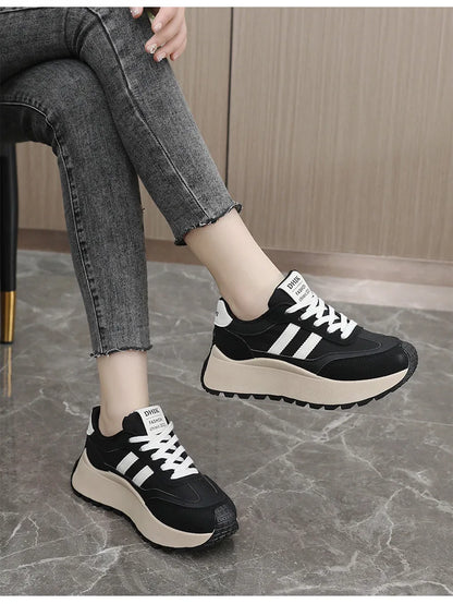 Spring Thick Bottom Women's Shoes – 2024 Summer Casual Patchwork Leather Sneakers, Vulcanized Casual Shoes for Ladies (Chaussure Femme)
