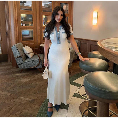 Elegant Denim Patchwork Knitted Long Dress – Women’s V-Neck Short Sleeve Bodycon with Buttons & Pockets