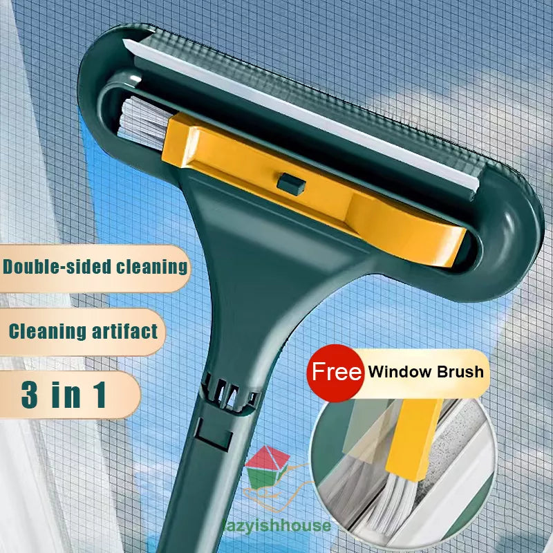 Sparkling Clean Windows Made Easy: Double-Sided Telescopic Rod Glass Cleaning Tool - Mop Squeegee Wiper with Long Handle Brush - Essential Kitchen Accessory