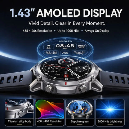 Military GPS Smartwatch for Men - 1.43" AMOLED Display, Bluetooth Calls, Compass, 5ATM Waterproof & 170+ Sports Modes