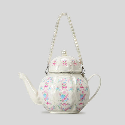 Creative Vintage Printed Teapot Design Women’s Handbag – Pearl Chain Luxury Small Bucket Crossbody Bag