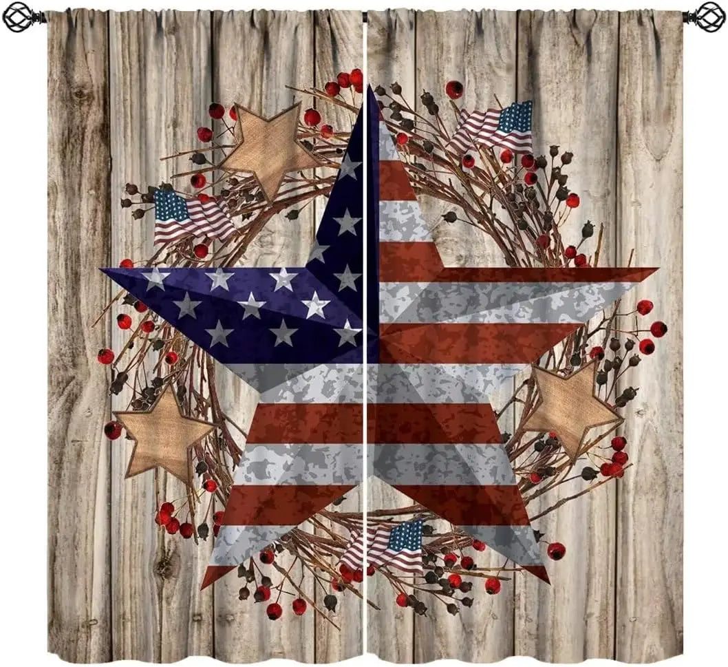 Flag Blackout Curtains – Rustic Green Camo Military USA Flag with Vintage Black Stripes and Thermal Insulation