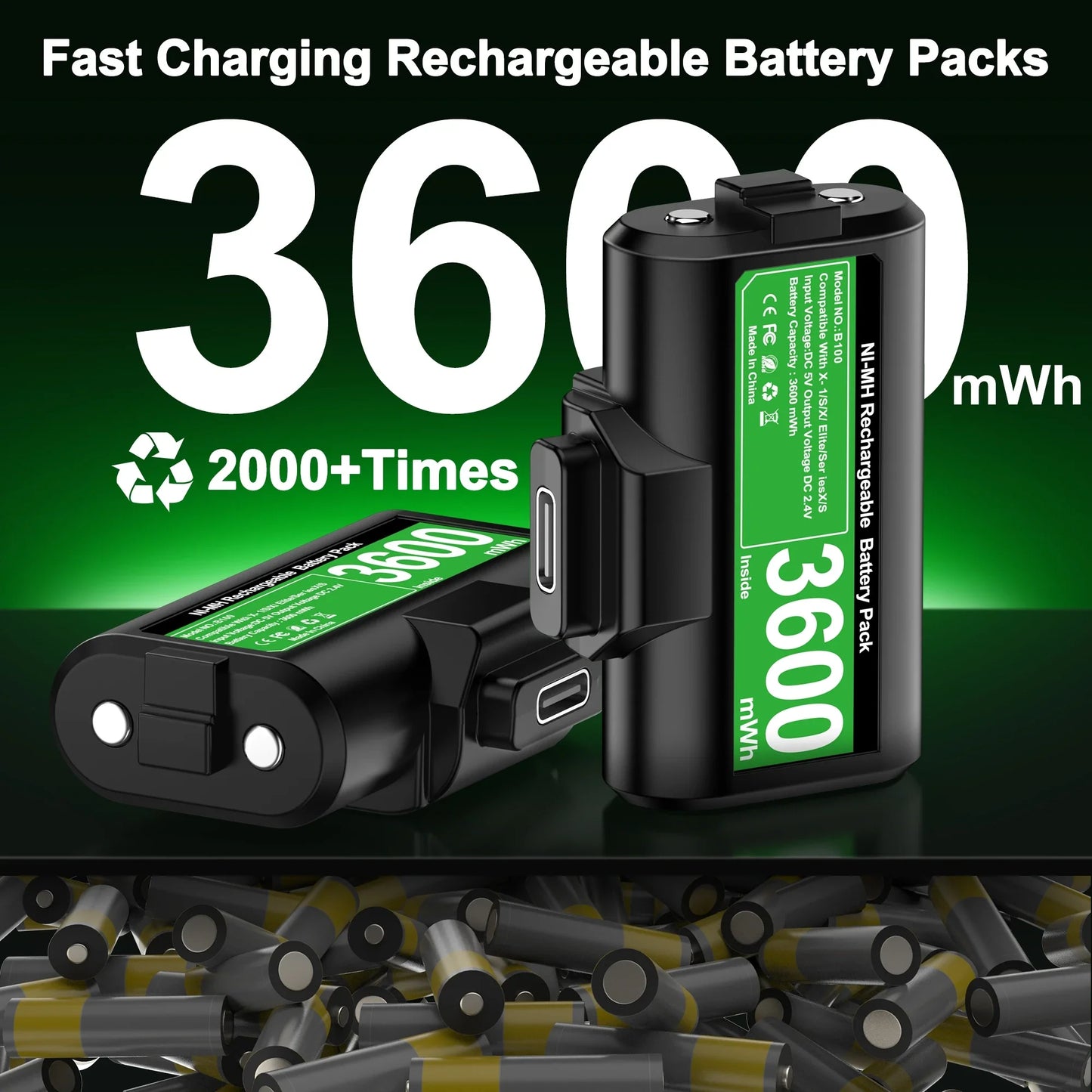 Rechargeable 2×3600mWh Battery Packs for Xbox Series X/S & Xbox One with USB Charging Cable
