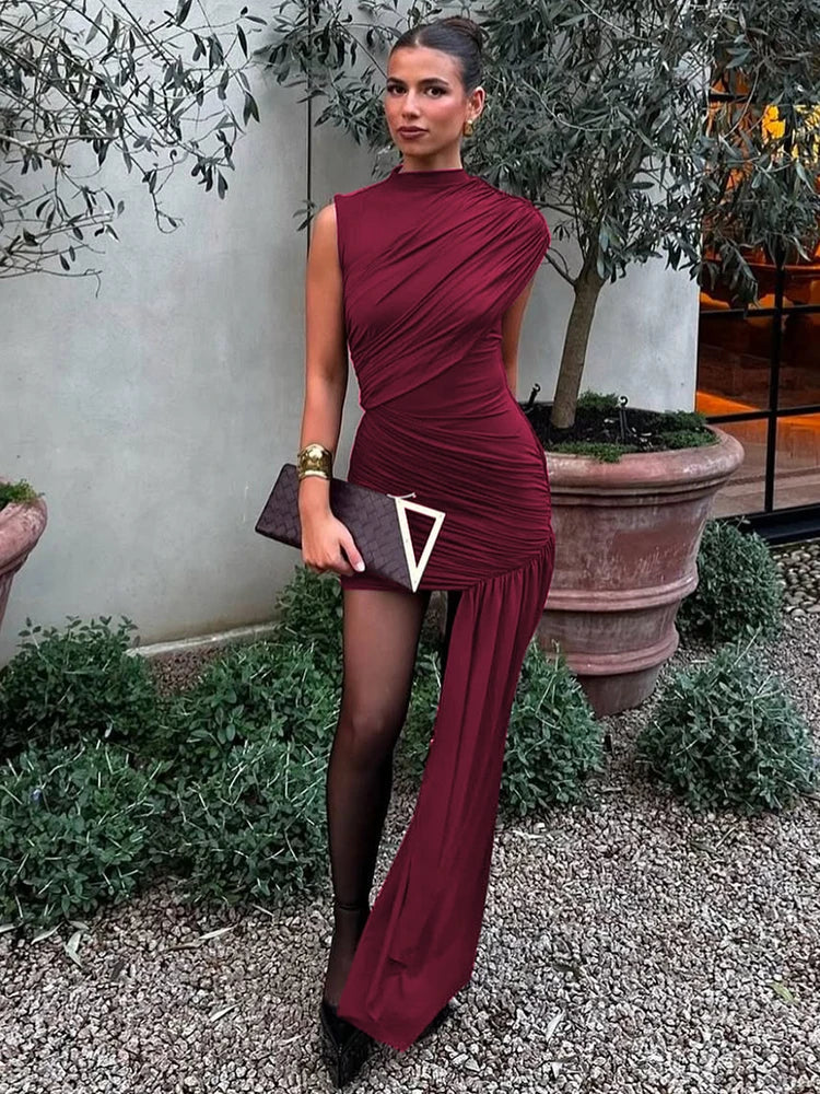 Balitops Summer Draped Ruched Mini Dress – 2025 Irregular High Waist Slim Fit Elegant Club Tank Dress for Women
