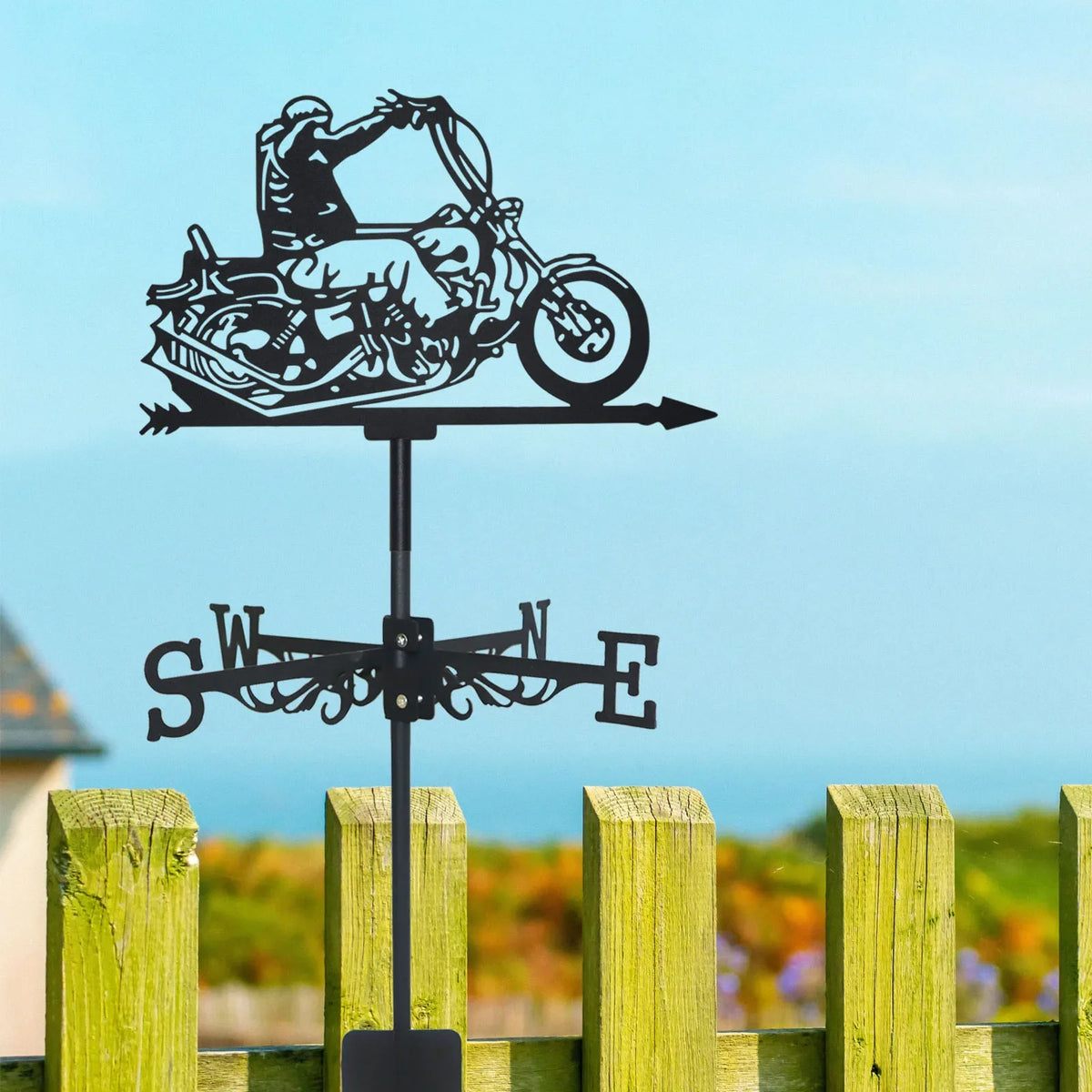 Motorcyclist Weathervane: Black Metal Silhouette Art, Motorcycle-Themed Wind Vane for Outdoor Garden, Roof, and Yard Decor