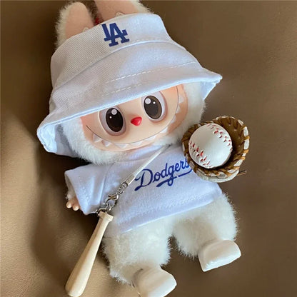 Labubu 15-17cm Doll Sports Outfit – LA Baseball & Trendy Tennis/Badminton Clothing, T-Shirt & Cargo Pants Set
