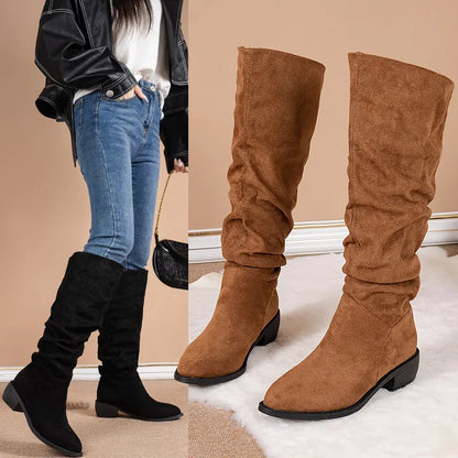 Women's Knee-High Winter Boots – Solid Color, Round Toe, Square Heel, Plus Size