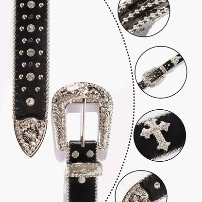 Black Cross Rivet Belt with Engraved Buckle – Rhinestone PU Punk Western Cowboy Cowgirl Jeans Belt