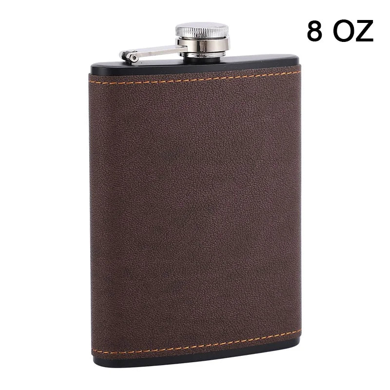 6/8oz Portable Hip Flask – Brown Leather Covered Stainless Steel Flask for Whiskey & Alcohol, Men's Gift