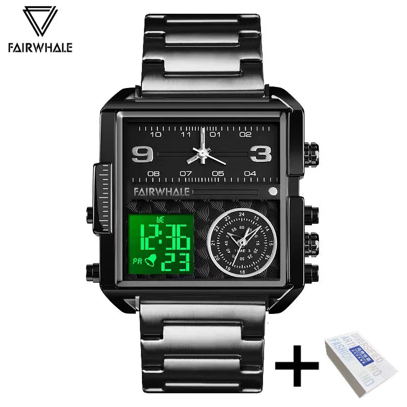 Mark Fairwhale Men’s Luxury Square Quartz Watch — Fashion Waterproof Military Leather Strap Wristwatch