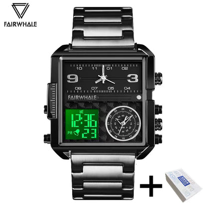Mark Fairwhale Men’s Luxury Square Quartz Watch — Fashion Waterproof Military Leather Strap Wristwatch
