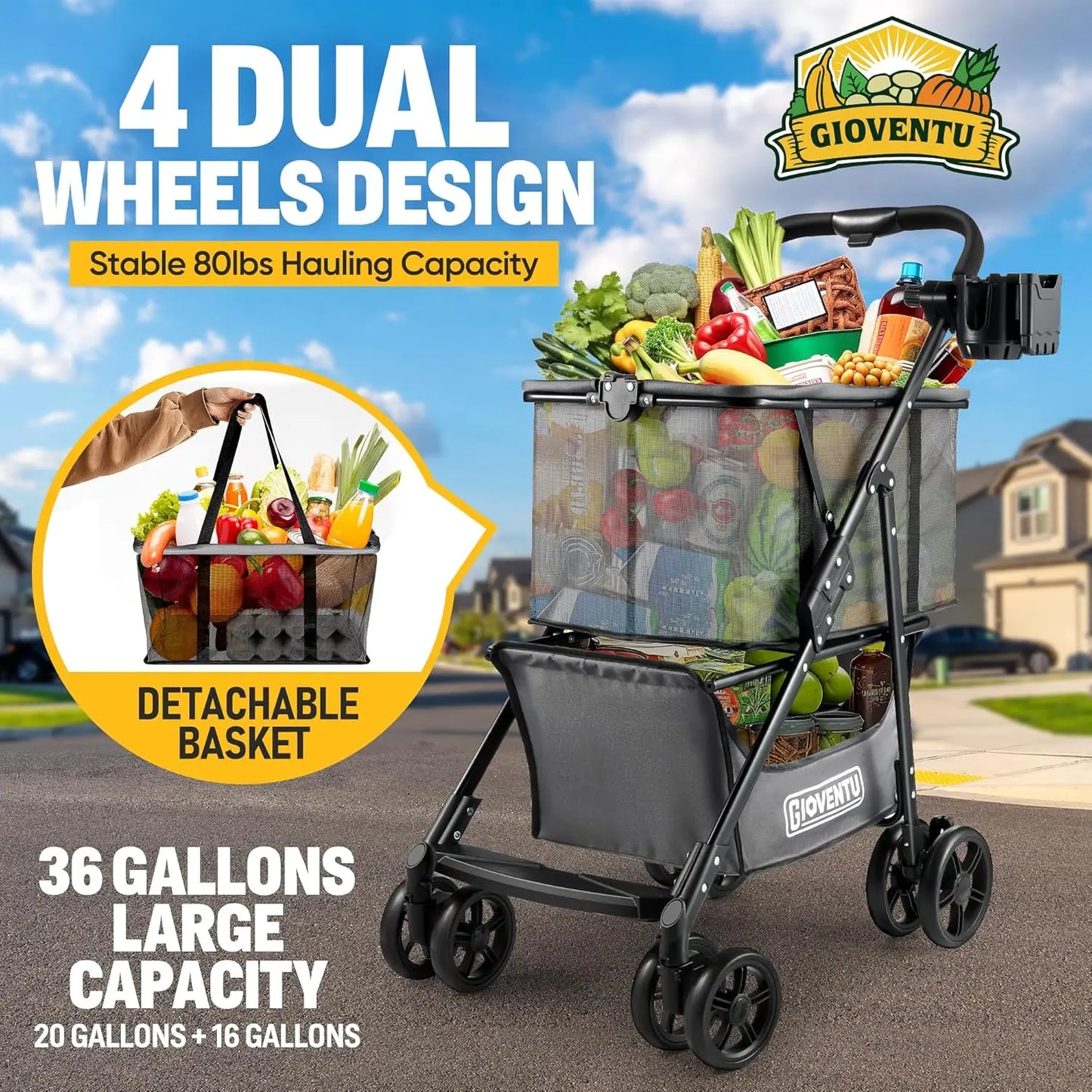 Folding Grocery Shopping Cart – 80lbs Capacity, Collapsible with Removable Tote & Swivel Wheels