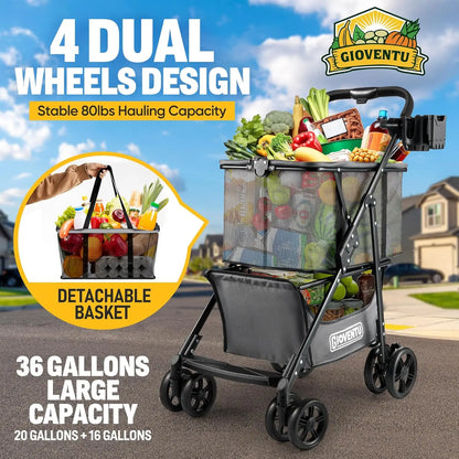 Folding Grocery Shopping Cart – 80lbs Capacity, Collapsible with Removable Tote & Swivel Wheels