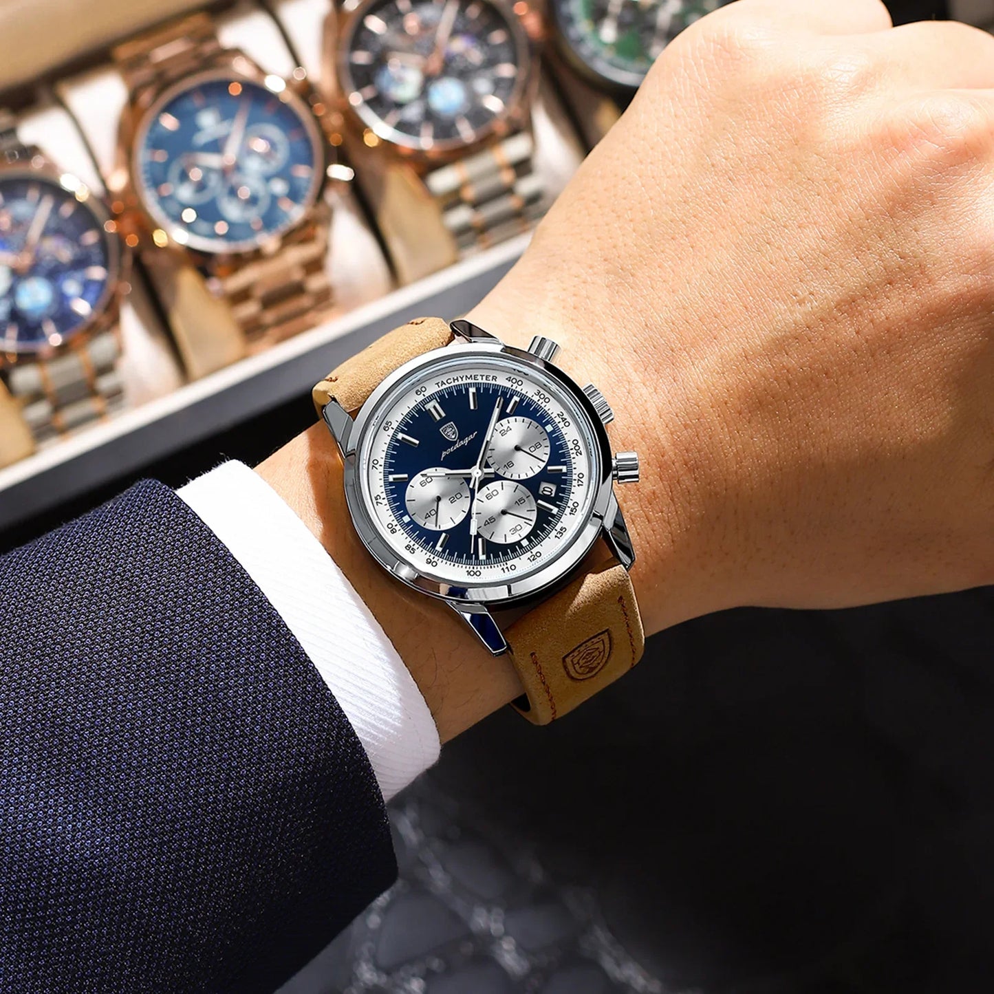 POEDAGAR Men's Luxury Sports Watch – Genuine Leather, Chronograph, Waterproof, Luminous Quartz Wristwatch